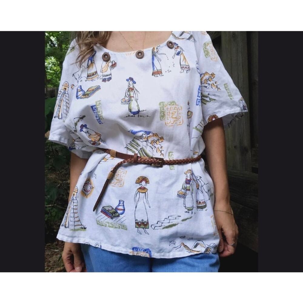 Lantana 100% Linen Peruvian Ethnic Boho Print Blouse Women's Size Medium